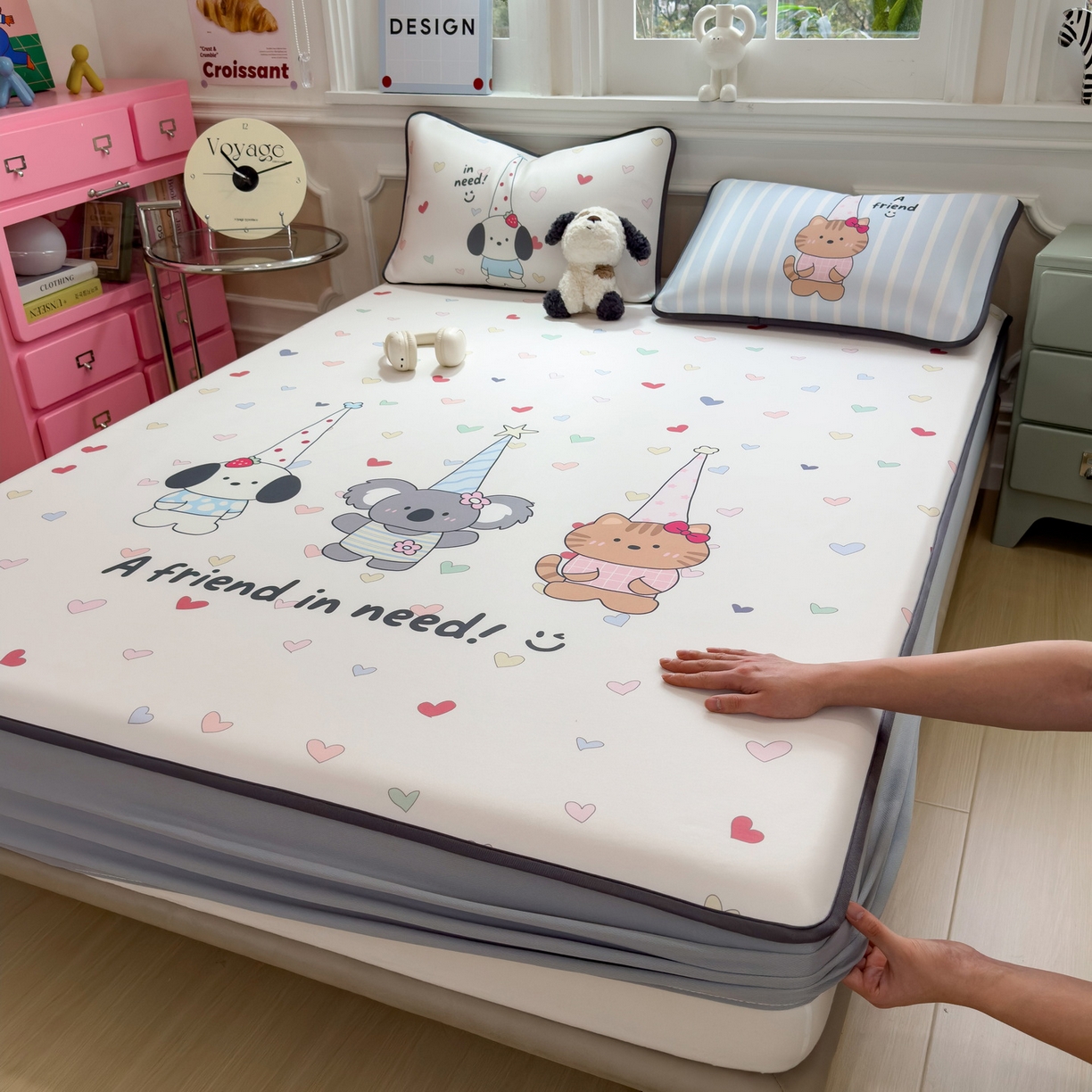 丝羽坊 2026新款ins设计师原创大版小清新卡通冰皮复合软凉席 萌友相伴-床笠款