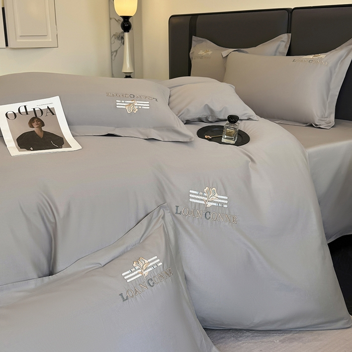 91家纺网 家纺一手货源 找家纺 乐蔻家纺 2026新款四季款全棉纯棉绣花四件套 星雅 灰