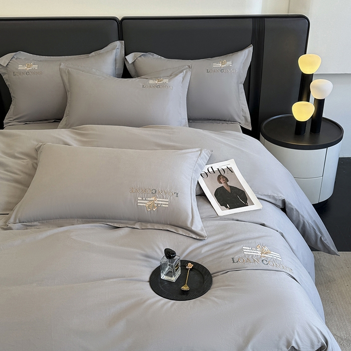 91家纺网 家纺一手货源 找家纺 乐蔻家纺 2026新款四季款全棉纯棉绣花四件套 星雅 灰