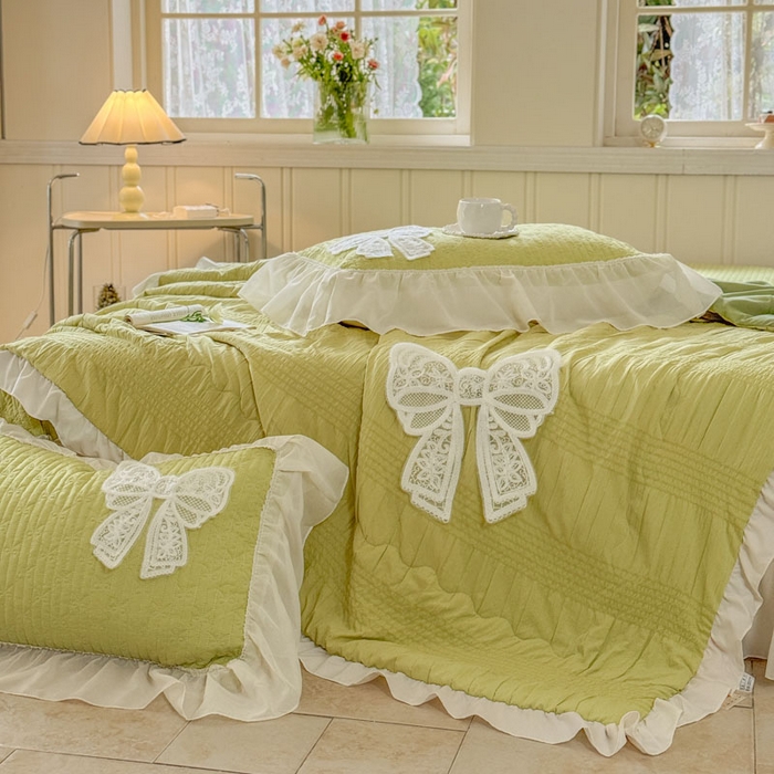 91家纺网 家纺一手货源 找家纺 梵克保罗 2026春夏新款雪纺床盖夏被夏凉被空调被四件套单夏被床盖三件套 嫩芽绿