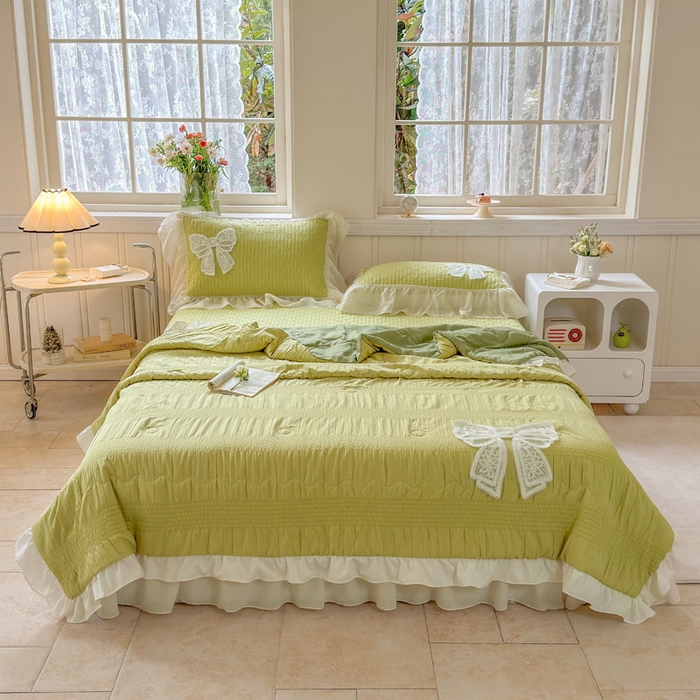 91家纺网 家纺一手货源 找家纺 梵克保罗 2026春夏新款雪纺床盖夏被夏凉被空调被四件套单夏被床盖三件套 嫩芽绿