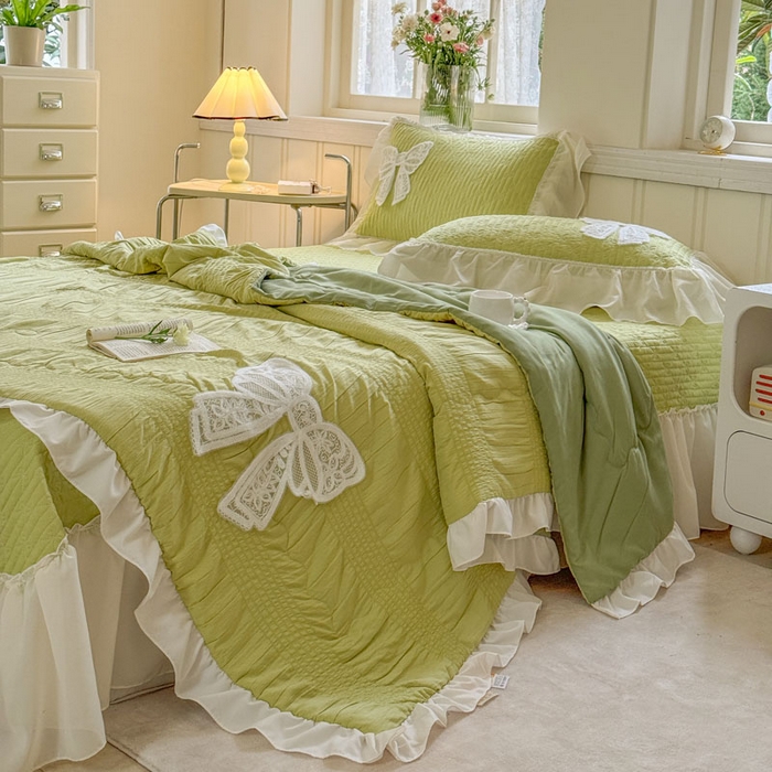 91家纺网 家纺一手货源 找家纺 梵克保罗 2026春夏新款雪纺床盖夏被夏凉被空调被四件套单夏被床盖三件套 嫩芽绿