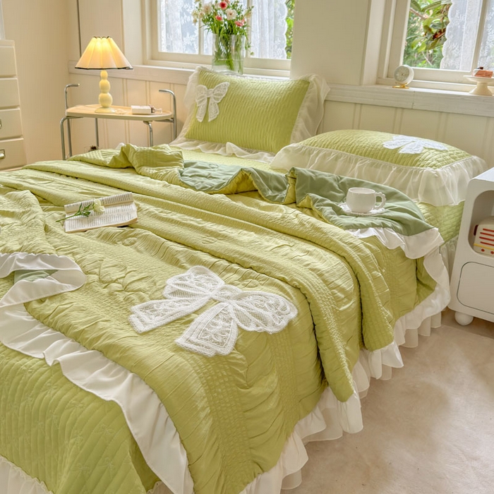 91家纺网 家纺一手货源 找家纺 梵克保罗 2026春夏新款雪纺床盖夏被夏凉被空调被四件套单夏被床盖三件套 嫩芽绿