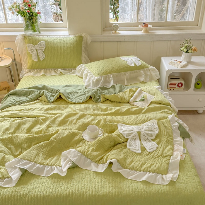 91家纺网 家纺一手货源 找家纺 梵克保罗 2026春夏新款雪纺床盖夏被夏凉被空调被四件套单夏被床盖三件套 嫩芽绿