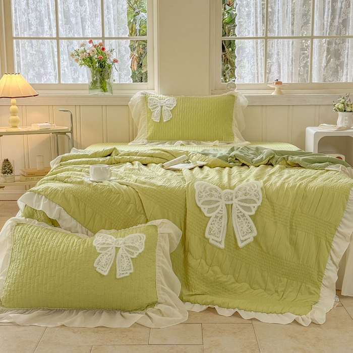 91家纺网 家纺一手货源 找家纺 梵克保罗 2026春夏新款雪纺床盖夏被夏凉被空调被四件套单夏被床盖三件套 嫩芽绿