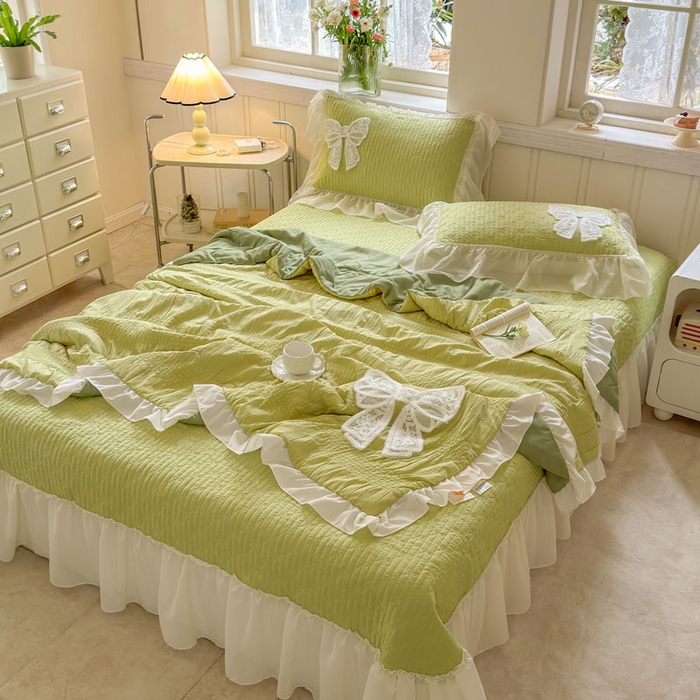 91家纺网 家纺一手货源 找家纺 梵克保罗 2026春夏新款雪纺床盖夏被夏凉被空调被四件套单夏被床盖三件套 嫩芽绿