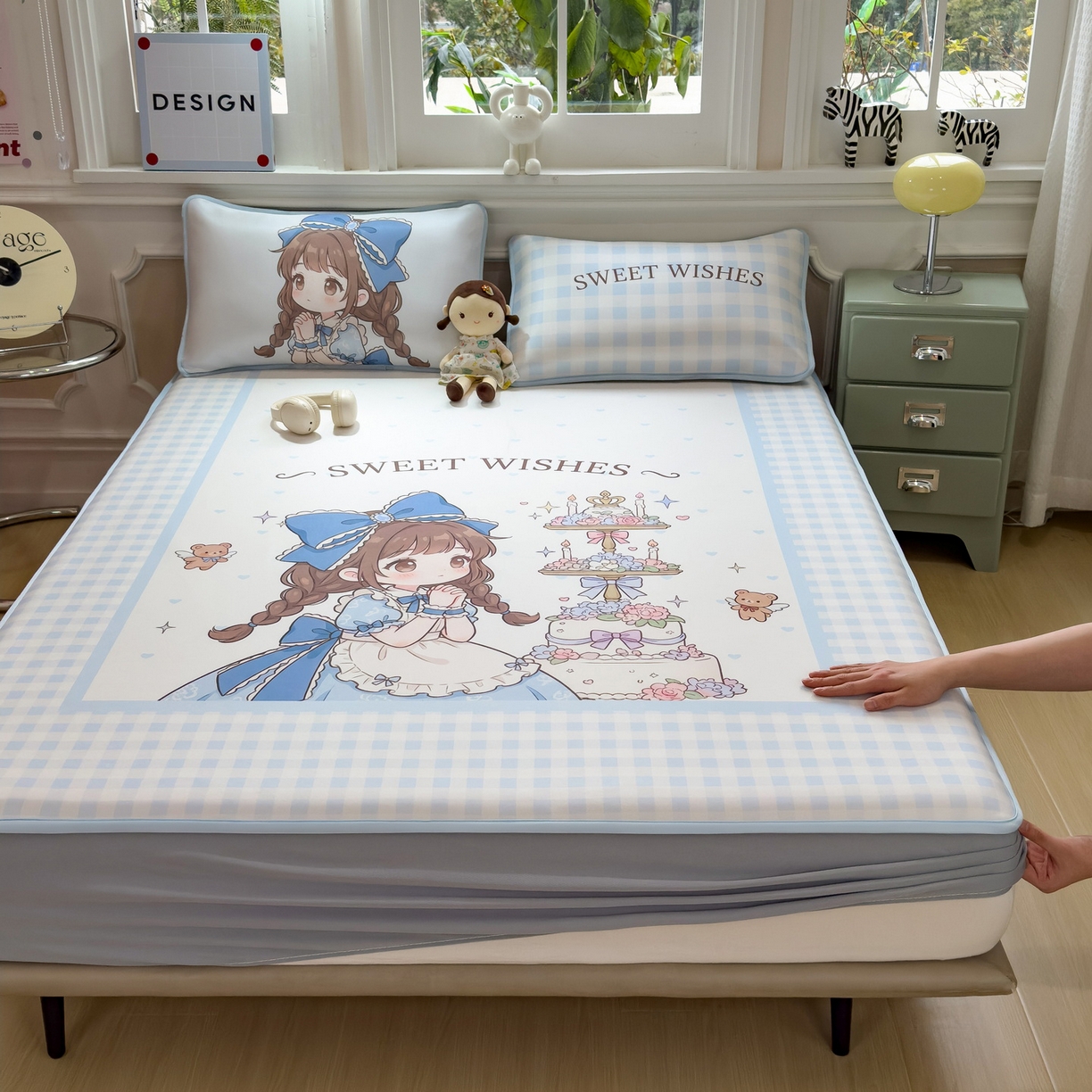 91家纺网 家纺一手货源 找家纺 丝羽坊 2026新款ins设计师原创大版小清新卡通冰皮复合软凉席  甜梦公主-床笠款