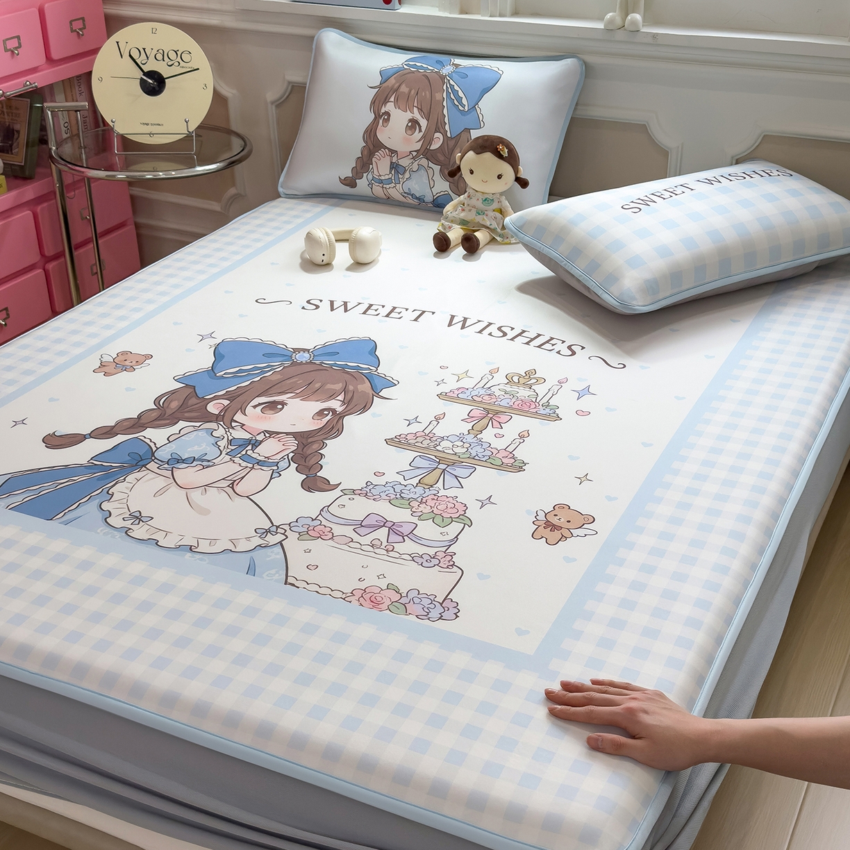 91家纺网 家纺一手货源 找家纺 丝羽坊 2026新款ins设计师原创大版小清新卡通冰皮复合软凉席  甜梦公主-床笠款