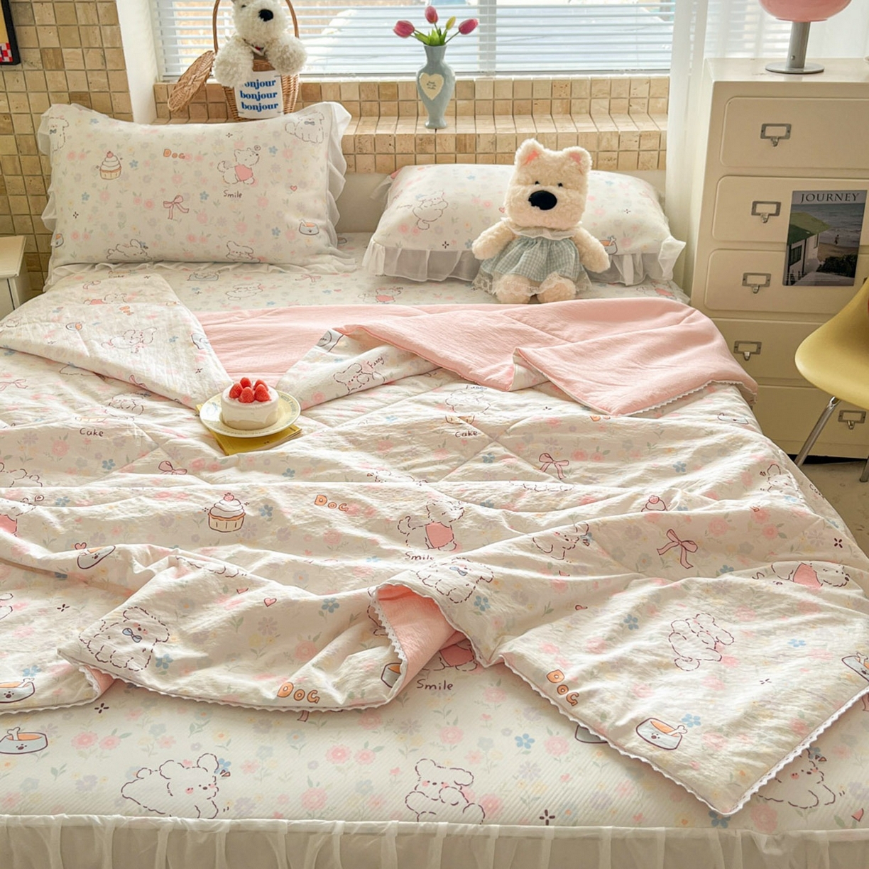 91家纺网 家纺一手货源 找家纺 川悦生活 2026新款雪纺冰丝床裙凉席三件套 床裙嘟嘟花园