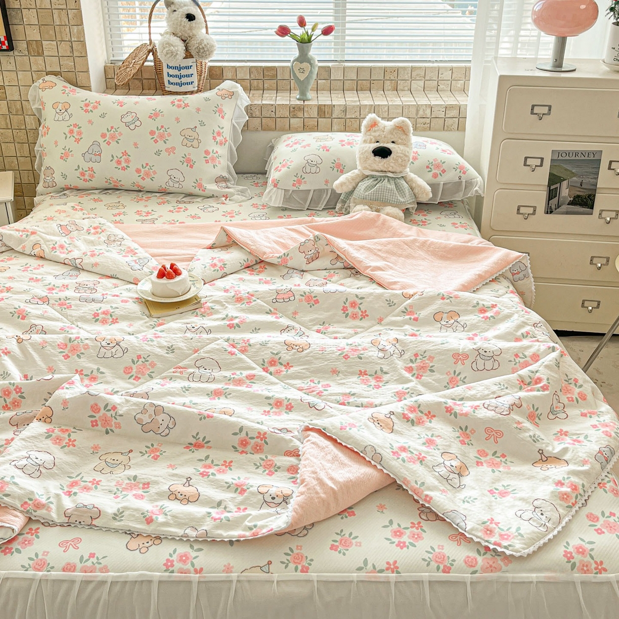 91家纺网 家纺一手货源 找家纺 川悦生活 2026新款雪纺冰丝床裙凉席三件套 床裙花都小狗