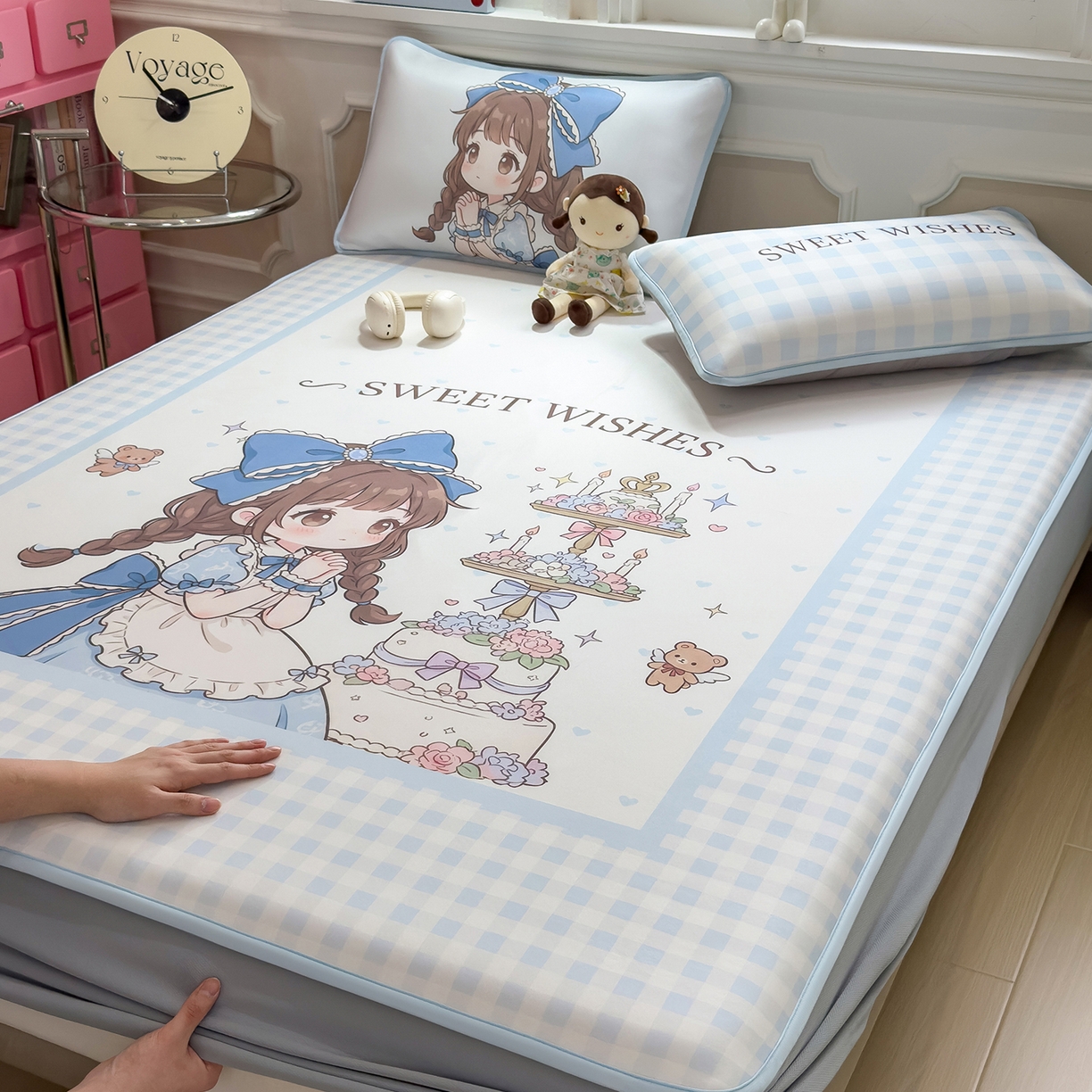 91家纺网 家纺一手货源 找家纺 丝羽坊 2026新款ins设计师原创大版小清新卡通冰皮复合软凉席  甜梦公主-床笠款