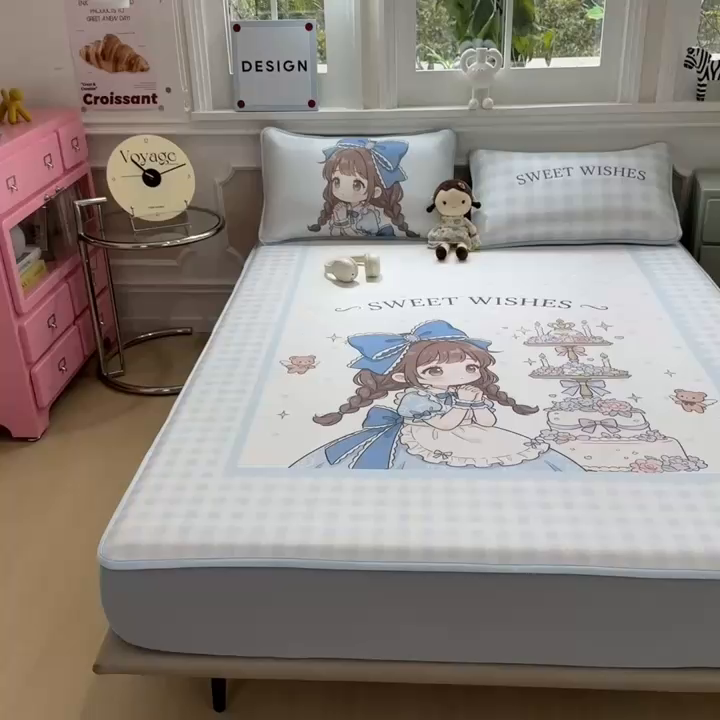 91家纺网 家纺一手货源 找家纺 丝羽坊 2026新款ins设计师原创大版小清新卡通冰皮复合软凉席  甜梦公主-床笠款