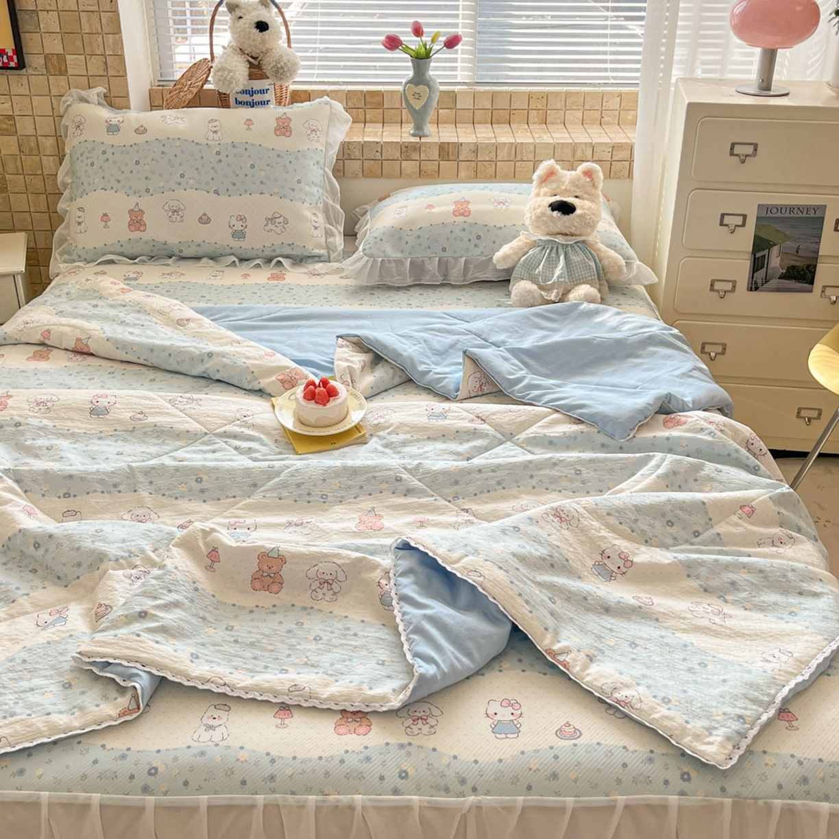 91家纺网 家纺一手货源 找家纺 川悦生活 2026新款雪纺冰丝床裙凉席三件套 床裙花田乐园