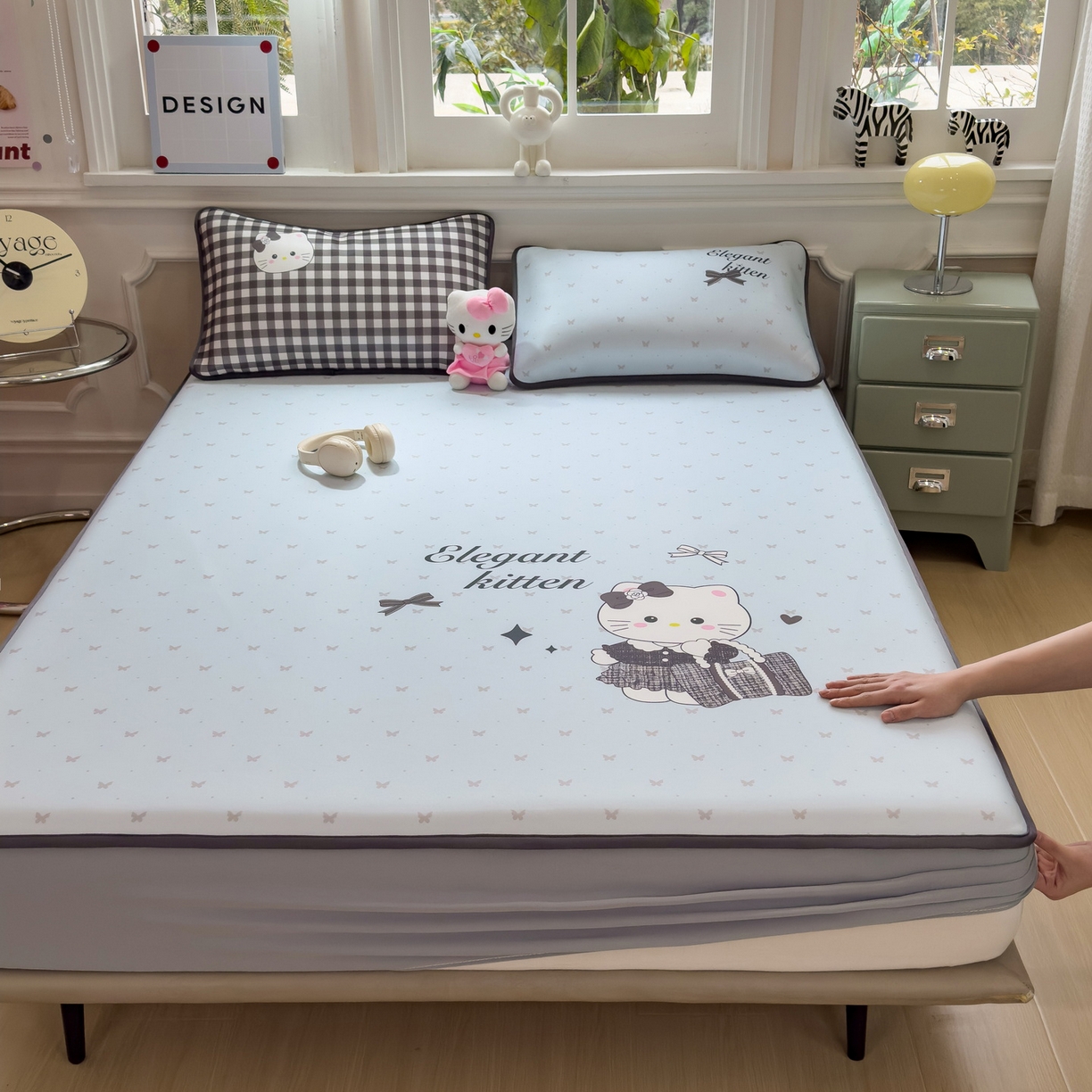 91家纺网 家纺一手货源 找家纺 丝羽坊 2026新款ins设计师原创大版小清新卡通冰皮复合软凉席  香风喵语-床笠款