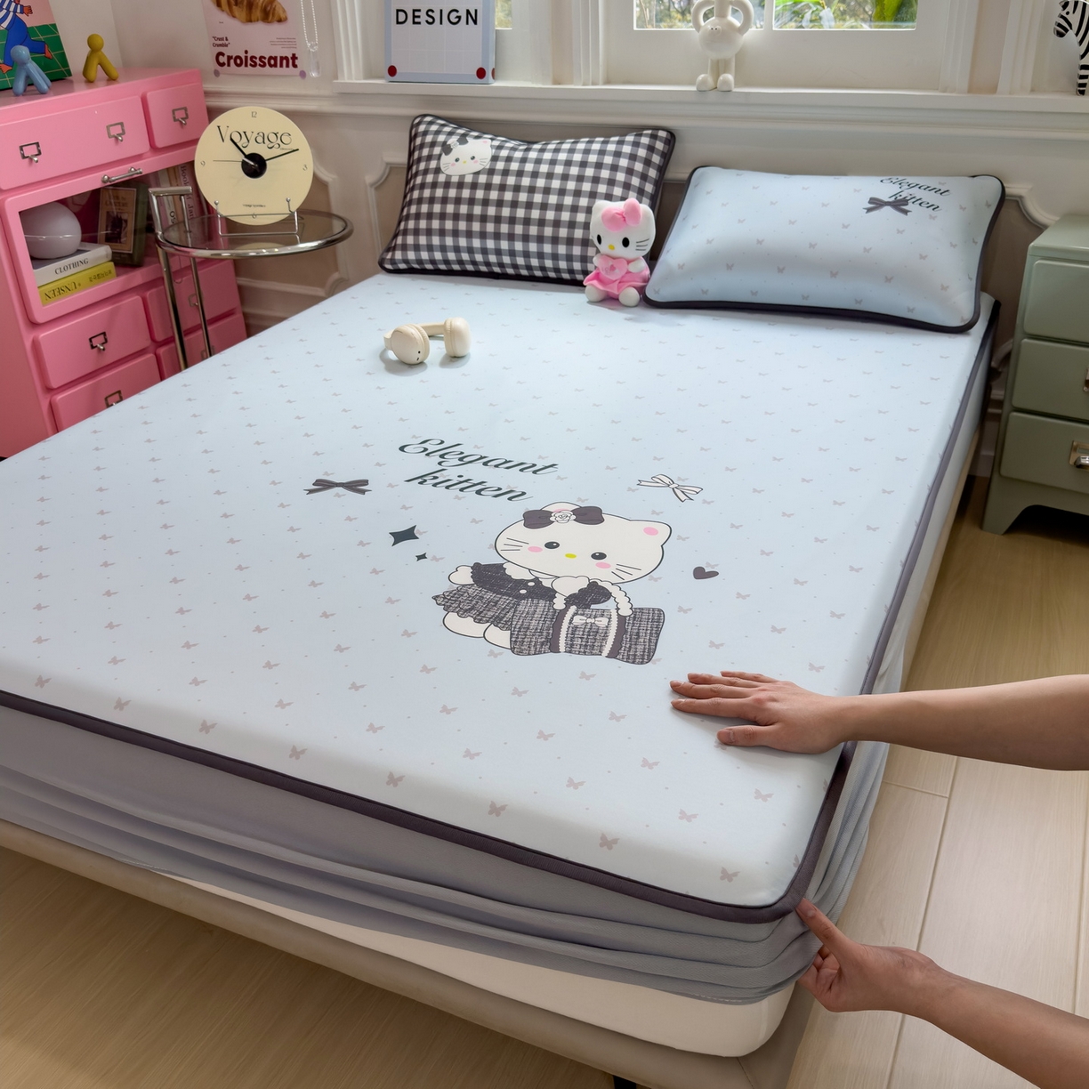 丝羽坊 2026新款ins设计师原创大版小清新卡通冰皮复合软凉席 香风喵语-床笠款