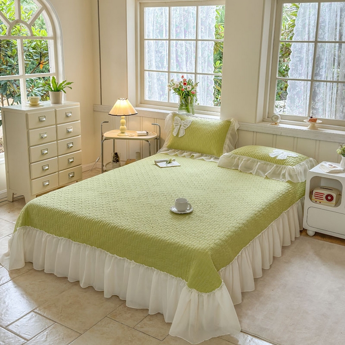 91家纺网 家纺一手货源 找家纺 梵克保罗 2026春夏新款雪纺床盖夏被四件套单夏被床盖三件套 嫩芽绿