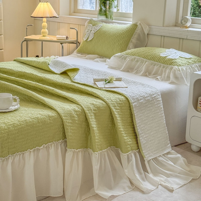 91家纺网 家纺一手货源 找家纺 梵克保罗 2026春夏新款雪纺床盖夏被四件套单夏被床盖三件套 嫩芽绿