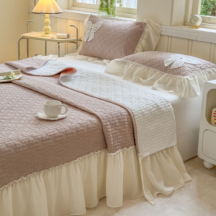 91家纺网 家纺一手货源 找家纺 梵克保罗 2026春夏新款雪纺床盖夏被四件套单夏被床盖三件套 奶茶色