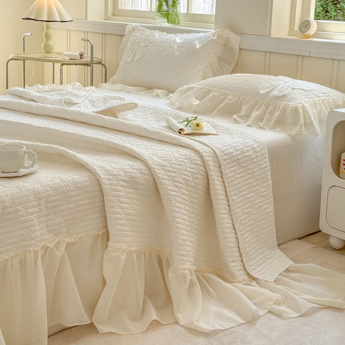 91家纺网 家纺一手货源 找家纺 梵克保罗 2026春夏新款雪纺床盖夏被四件套单夏被床盖三件套 浅米色