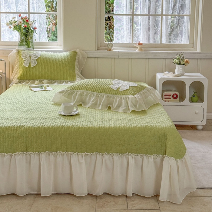 91家纺网 家纺一手货源 找家纺 梵克保罗 2026春夏新款雪纺床盖夏被四件套单夏被床盖三件套 嫩芽绿