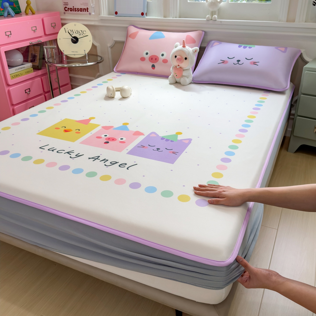 丝羽坊 2026新款ins设计师原创大版小清新卡通冰皮复合软凉席 幸运派-床笠款