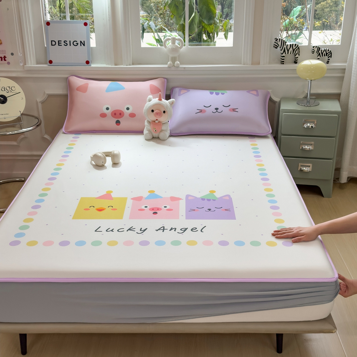 91家纺网 家纺一手货源 找家纺 丝羽坊 2026新款ins设计师原创大版小清新卡通冰皮复合软凉席  幸运派-床笠款