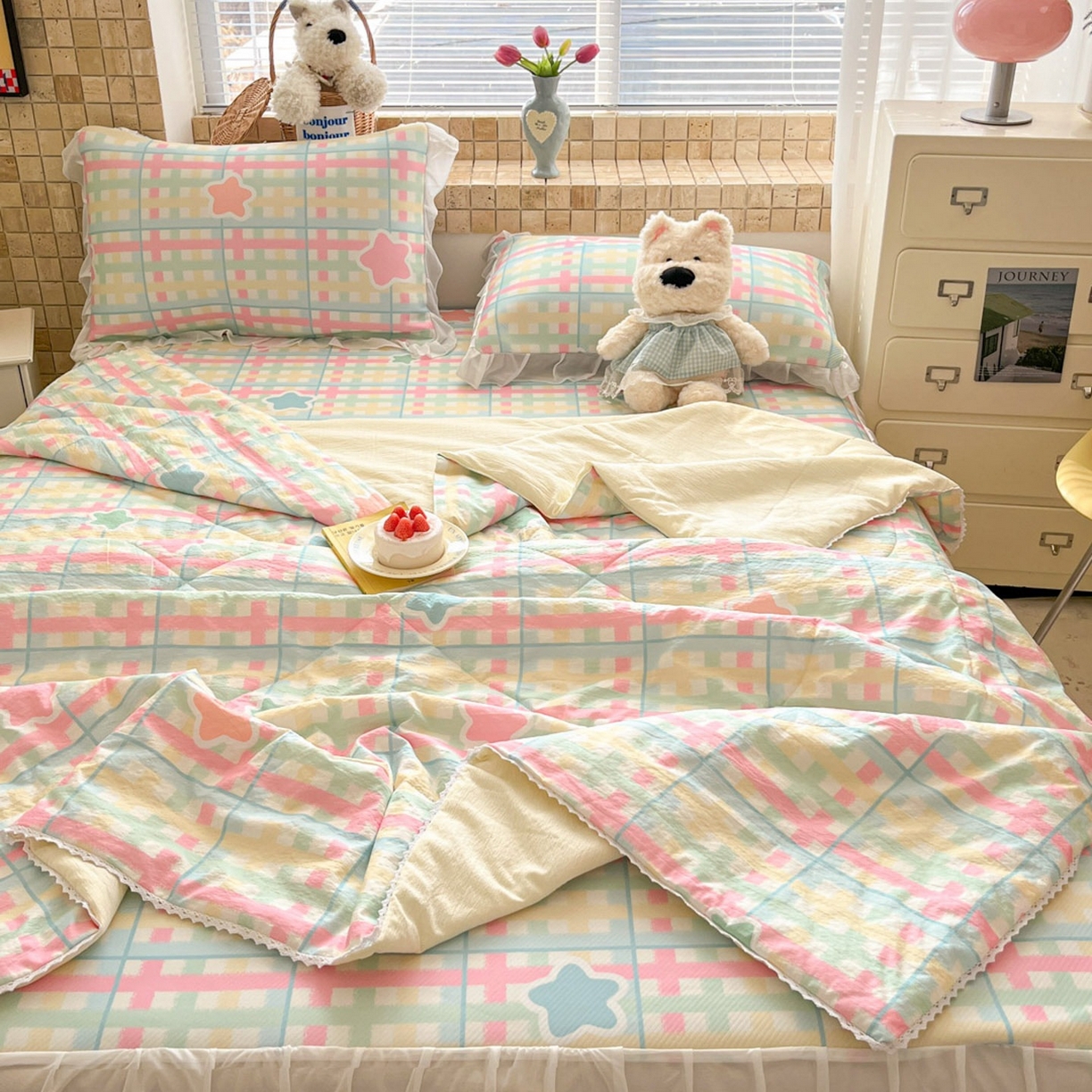 91家纺网 家纺一手货源 找家纺 川悦生活 2026新款雪纺冰丝床裙凉席三件套 床裙杏仁小星星