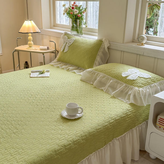 91家纺网 家纺一手货源 找家纺 梵克保罗 2026春夏新款雪纺床盖夏被四件套单夏被床盖三件套 嫩芽绿