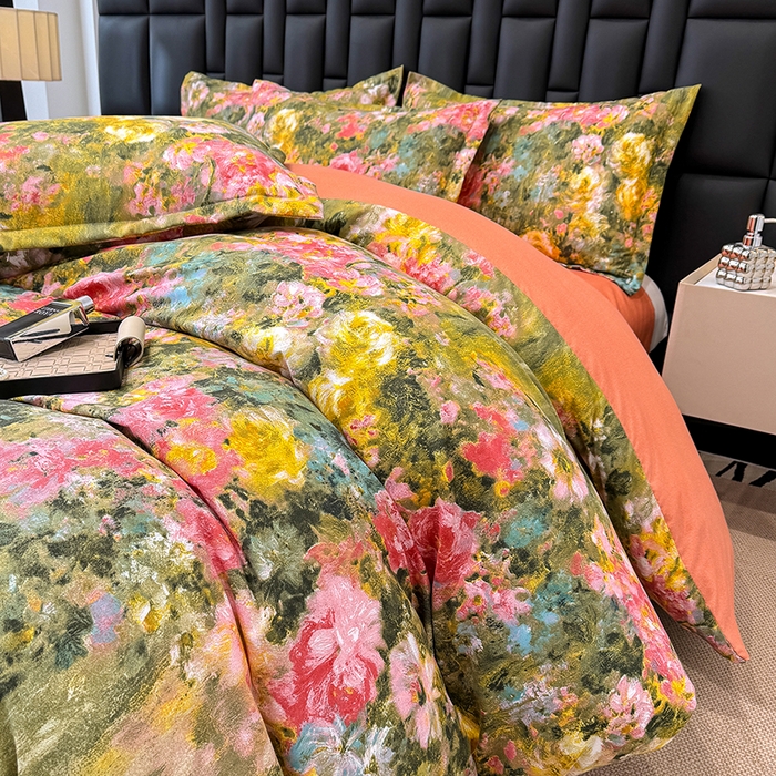 91家纺网 家纺一手货源 找家纺 桔禾家纺 2026新款田园花卉小清新直播加厚植物羊绒四件套高克重磨毛跨境四件套 大量现货 芙萃花韵