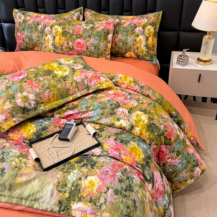 91家纺网 家纺一手货源 找家纺 桔禾家纺 2026新款田园花卉小清新直播加厚植物羊绒四件套高克重磨毛跨境四件套 大量现货 芙萃花韵