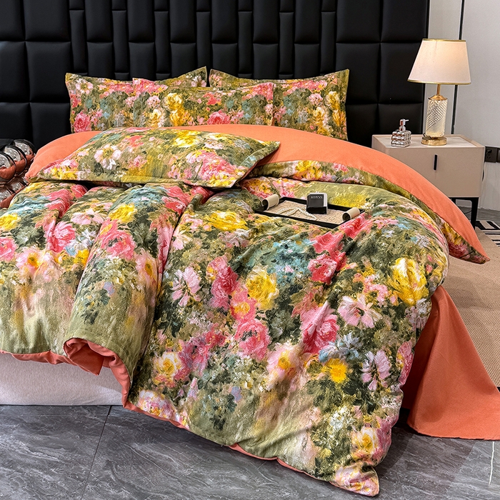 91家纺网 家纺一手货源 找家纺 桔禾家纺 2026新款田园花卉小清新直播加厚植物羊绒四件套高克重磨毛跨境四件套 大量现货 芙萃花韵