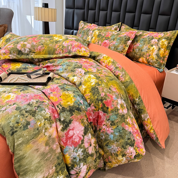 91家纺网 家纺一手货源 找家纺 桔禾家纺 2026新款田园花卉小清新直播加厚植物羊绒四件套高克重磨毛跨境四件套 大量现货 芙萃花韵