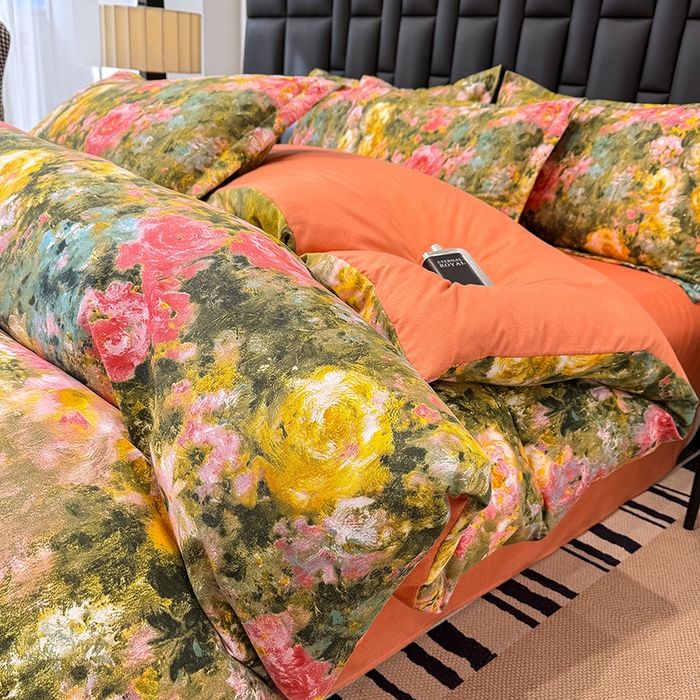 91家纺网 家纺一手货源 找家纺 桔禾家纺 2026新款田园花卉小清新直播加厚植物羊绒四件套高克重磨毛跨境四件套 大量现货 芙萃花韵