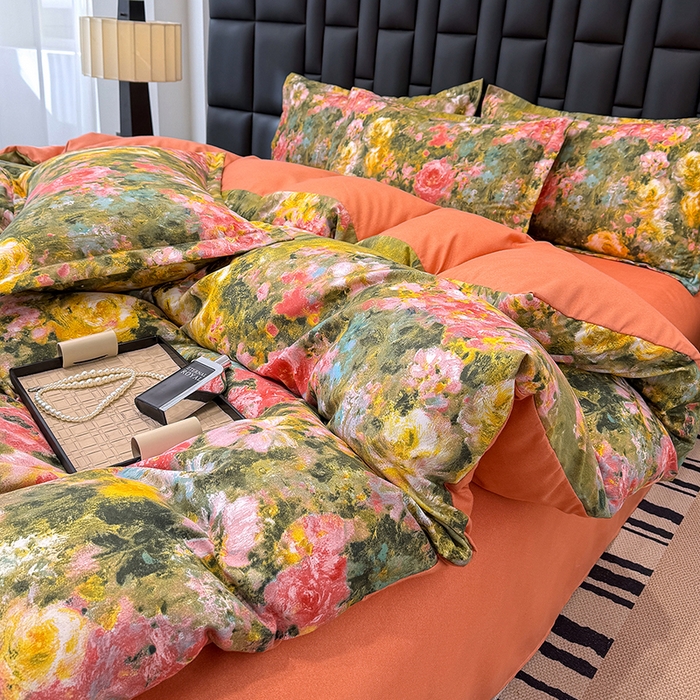 91家纺网 家纺一手货源 找家纺 桔禾家纺 2026新款田园花卉小清新直播加厚植物羊绒四件套高克重磨毛跨境四件套 大量现货 芙萃花韵