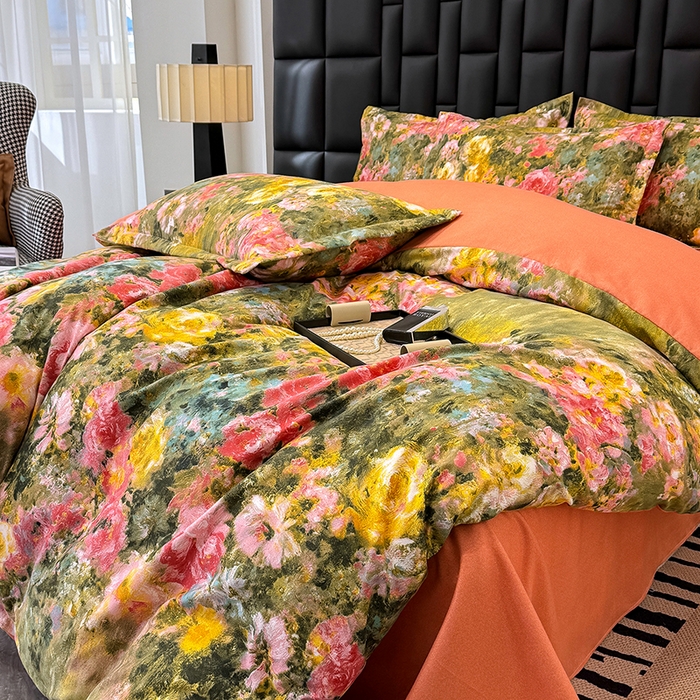 91家纺网 家纺一手货源 找家纺 桔禾家纺 2026新款田园花卉小清新直播加厚植物羊绒四件套高克重磨毛跨境四件套 大量现货 芙萃花韵