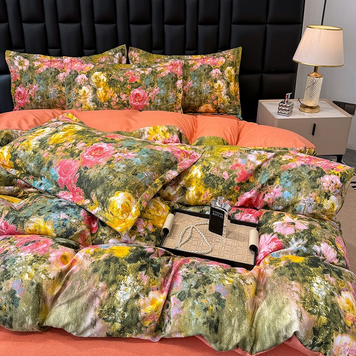 91家纺网 家纺一手货源 找家纺 桔禾家纺 2026新款田园花卉小清新直播加厚植物羊绒四件套高克重磨毛跨境四件套 大量现货 芙萃花韵