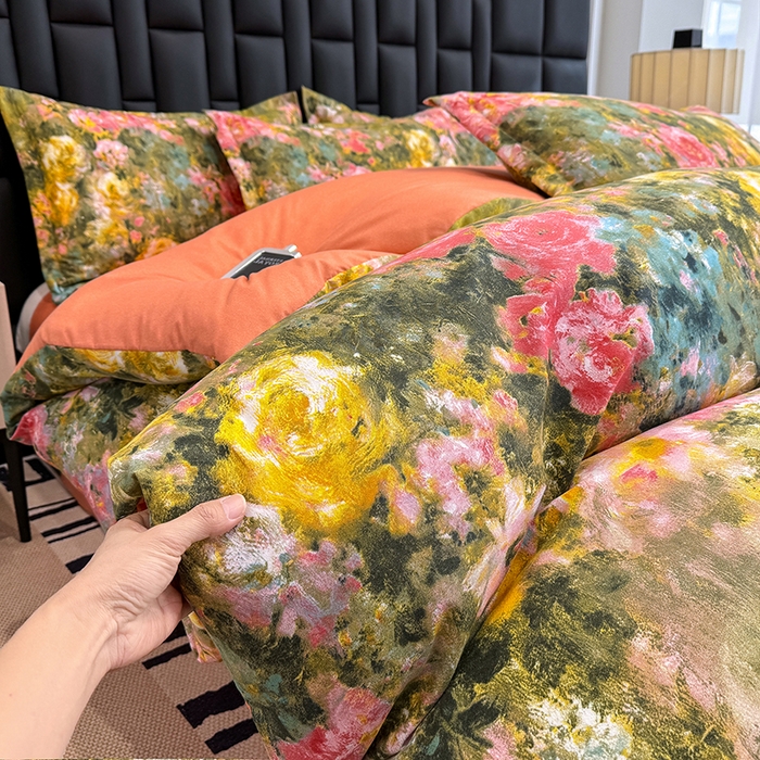 91家纺网 家纺一手货源 找家纺 桔禾家纺 2026新款田园花卉小清新直播加厚植物羊绒四件套高克重磨毛跨境四件套 大量现货 芙萃花韵