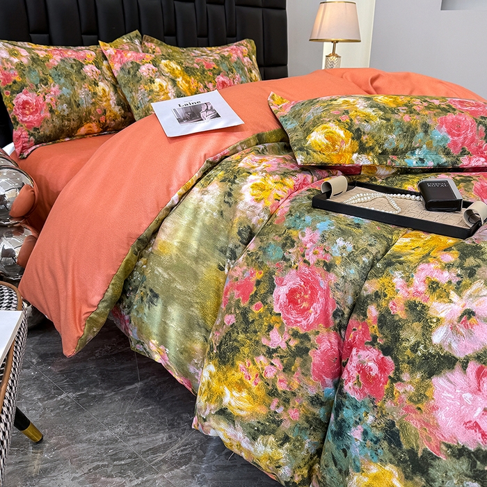 91家纺网 家纺一手货源 找家纺 桔禾家纺 2026新款田园花卉小清新直播加厚植物羊绒四件套高克重磨毛跨境四件套 大量现货 芙萃花韵