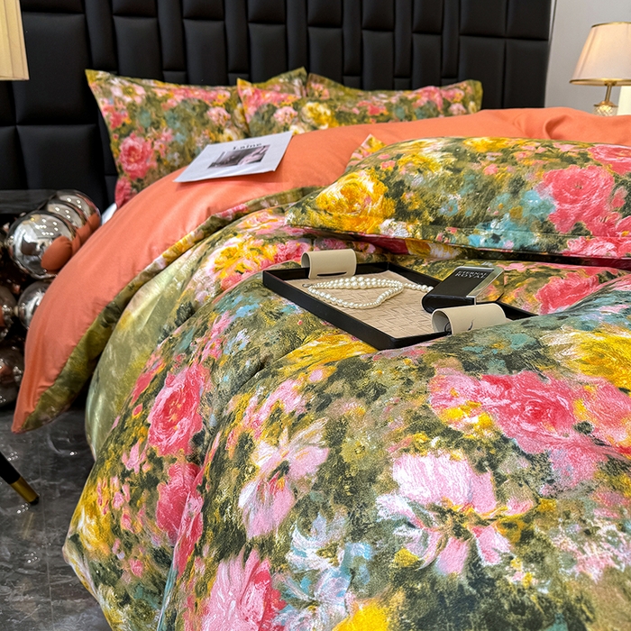 91家纺网 家纺一手货源 找家纺 桔禾家纺 2026新款田园花卉小清新直播加厚植物羊绒四件套高克重磨毛跨境四件套 大量现货 芙萃花韵