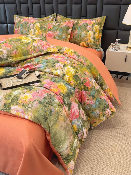 91家纺网 家纺一手货源 找家纺 桔禾家纺 2026新款田园花卉小清新直播加厚植物羊绒四件套高克重磨毛跨境四件套 大量现货 芙萃花韵