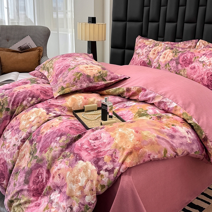 91家纺网 家纺一手货源 找家纺 桔禾家纺 2026新款田园花卉小清新直播加厚植物羊绒四件套高克重磨毛跨境四件套 大量现货 紫气东来