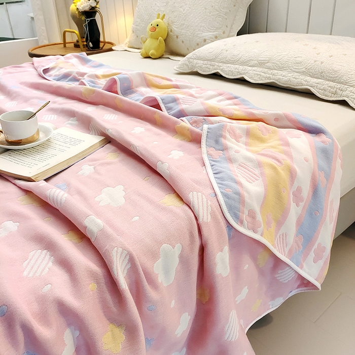 91家纺网 家纺一手货源 找家纺 静缘分 2026新款全棉纯棉6层纱布毛巾被纯棉六层纱布毯 彩云粉