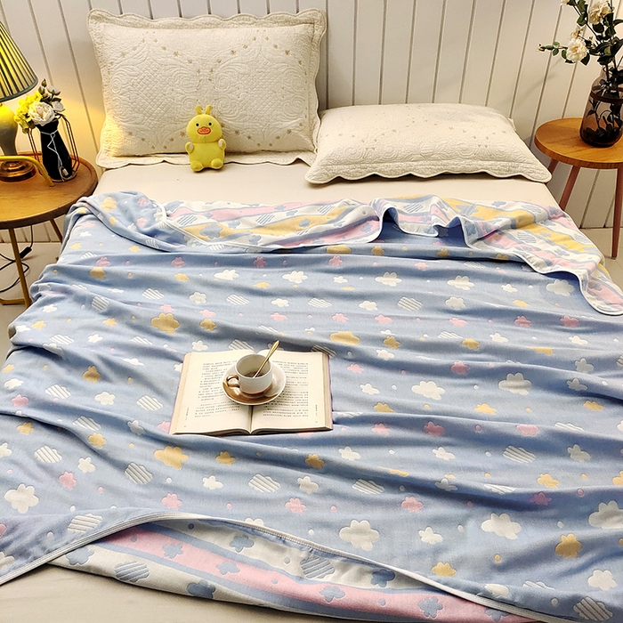 91家纺网 家纺一手货源 找家纺 静缘分 2026新款全棉纯棉6层纱布毛巾被纯棉六层纱布毯 彩云蓝