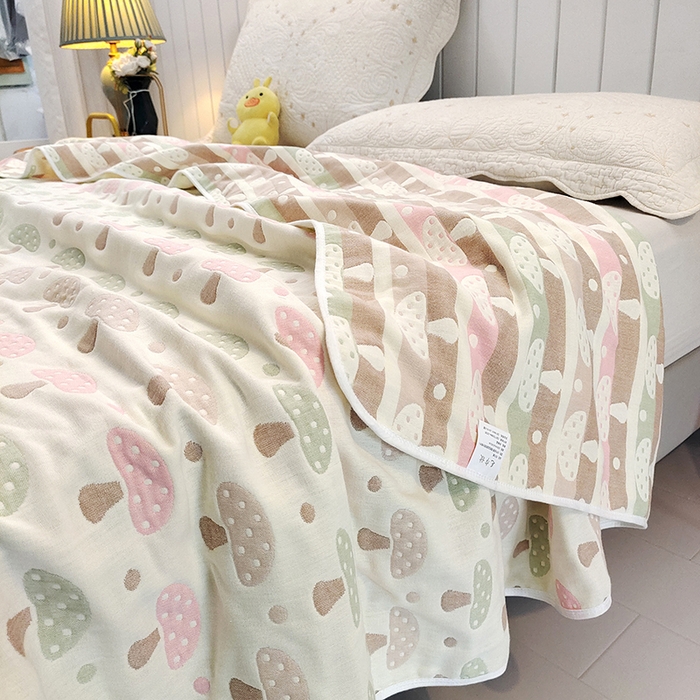 91家纺网 家纺一手货源 找家纺 静缘分 2026新款全棉纯棉6层纱布毛巾被纯棉六层纱布毯 蘑菇