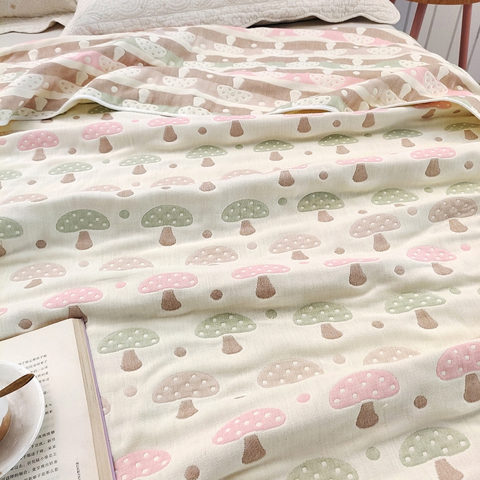 91家纺网 家纺一手货源 找家纺 静缘分 2026新款全棉纯棉6层纱布毛巾被纯棉六层纱布毯 蘑菇