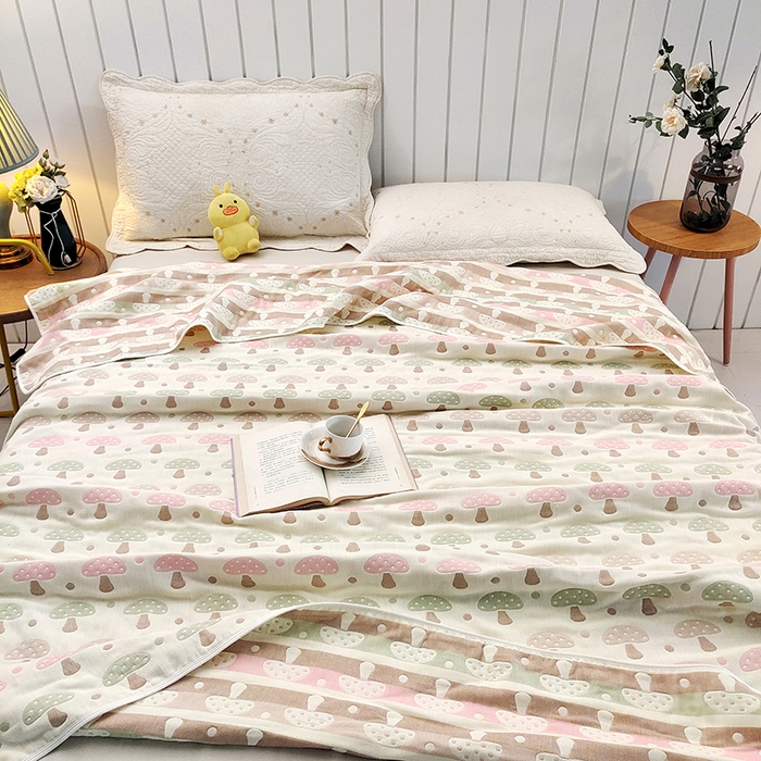 91家纺网 家纺一手货源 找家纺 静缘分 2026新款全棉纯棉6层纱布毛巾被纯棉六层纱布毯 蘑菇