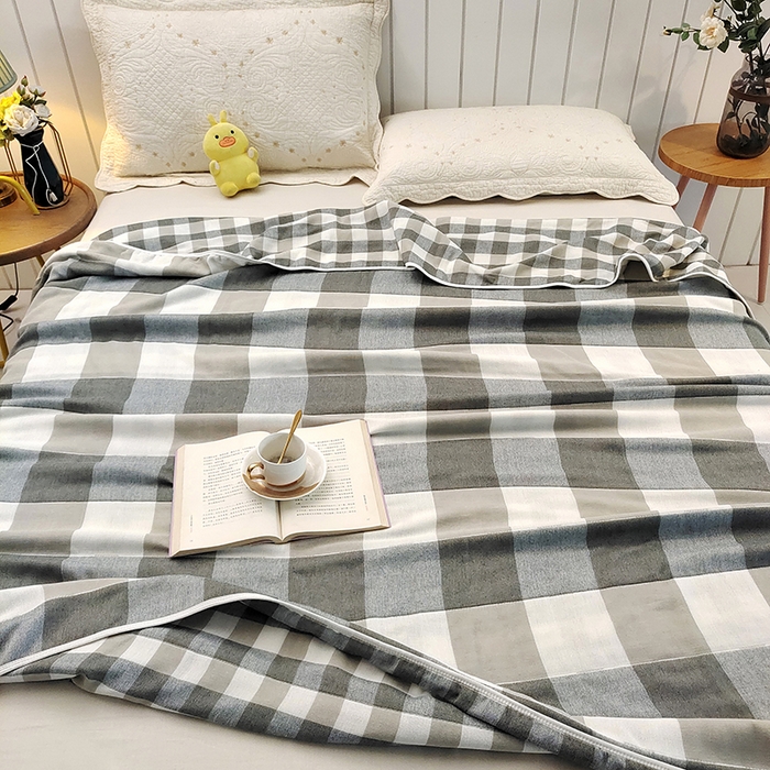 91家纺网 家纺一手货源 找家纺 静缘分 2026新款全棉纯棉6层纱布毛巾被纯棉六层纱布毯 日式大格蓝