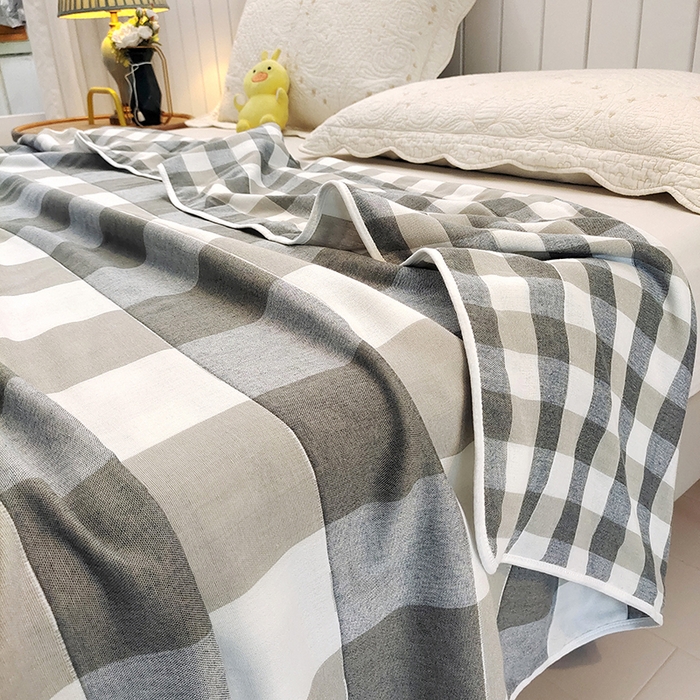 91家纺网 家纺一手货源 找家纺 静缘分 2026新款全棉纯棉6层纱布毛巾被纯棉六层纱布毯 日式大格蓝