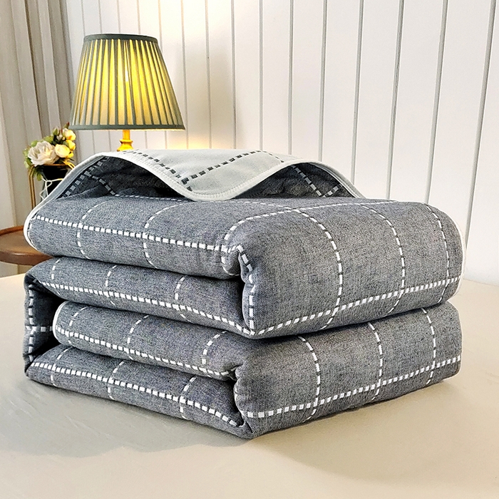 静缘分 2026新款全棉纯棉6层纱布毛巾被纯棉六层纱布毯 虚线格蓝