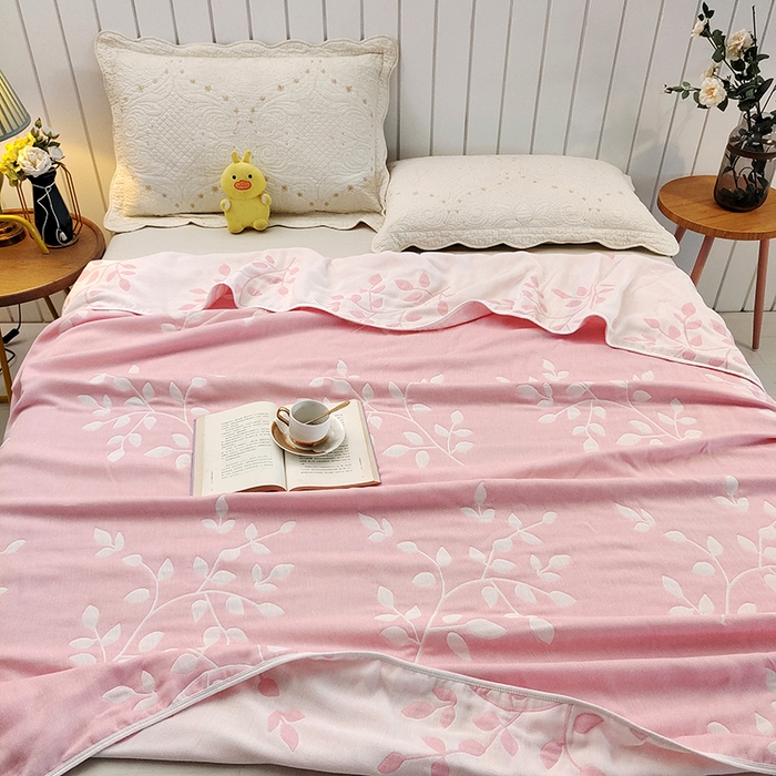 91家纺网 家纺一手货源 找家纺 静缘分 2026新款全棉纯棉6层纱布毛巾被纯棉六层纱布毯 叶语粉